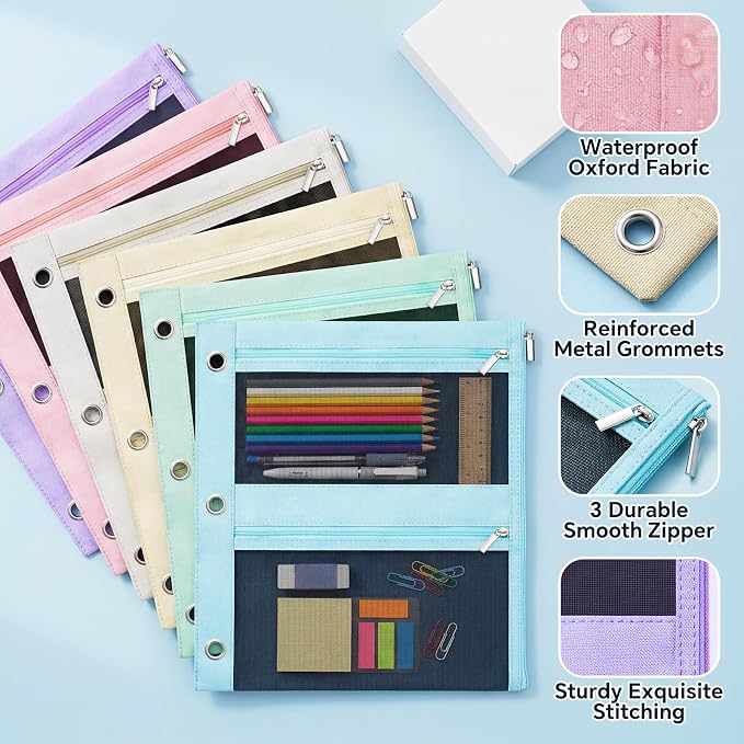 Lanpn 6 Pcs Pencil Pouch for 3 Ring Binder, 3 Pocket Zipper Binder Pouch, 9"x11" Binders Pencil Case, Pastel School Supplies for Student Office Home, Reinforced Grommets, Clear Window, Micro Mesh