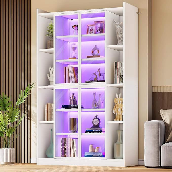 SEDETA 71" Tall 6-Tier Display Cabinet with Doors and Adjustable Shelves | Display Cases for Collectibles,Curio Cabinet with LED Lights & Acrylic Glass Doors for Bedroom Living Room Office,White