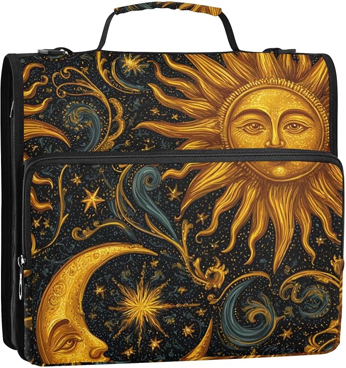 3 Ring Zipper Binder with Shoulder Strap Sun Moon Stars Astrology 1.5 inch Binders Keeper Large Capacity Multi Pockets for School Office Supplies
