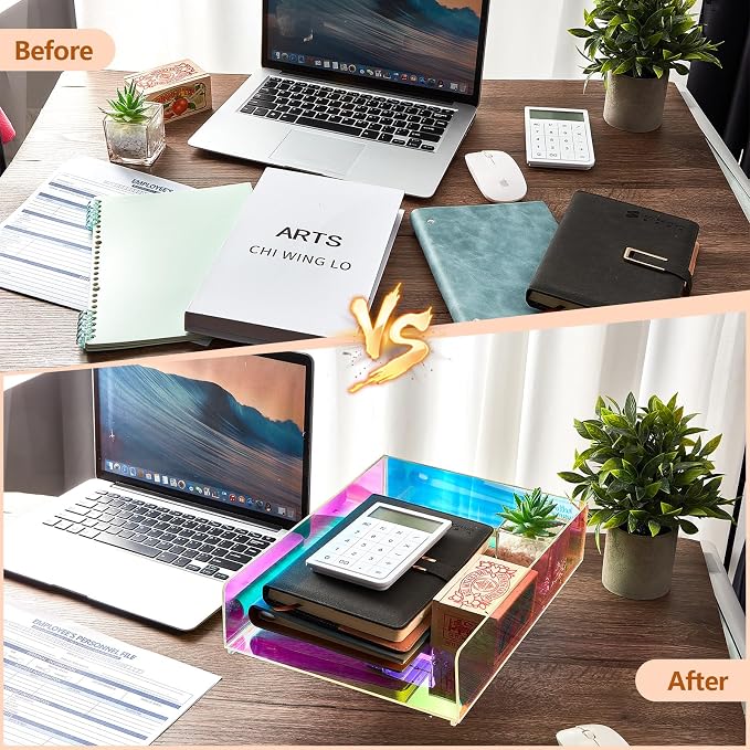 Suzile 3 Pcs Iridescent Acrylic Letter Organizer 12.6 x 9.5 x 2.8 Inches Stackable Iridescent Letter Tray Paper Tray for Desk File Document Folder Notebooks Stationery Office Accessories(Vertical)