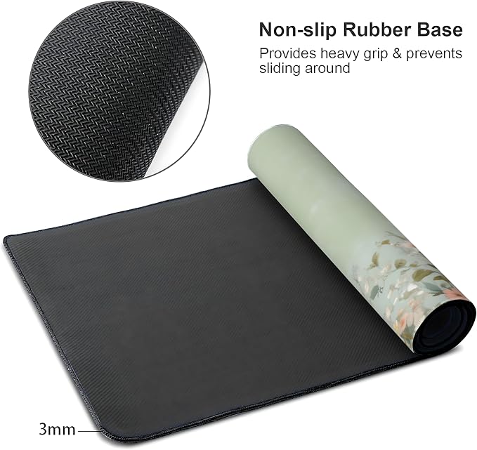 Cute Floral Aesthetic Wildflower Gaming Mouse Pad, Sage Green Macaron Desk Mat with Anti-Slip Base & Stitched Edges, Office & Home Desk Decor for Women, 35.4" x 15.7" in Computer Desktop Mat