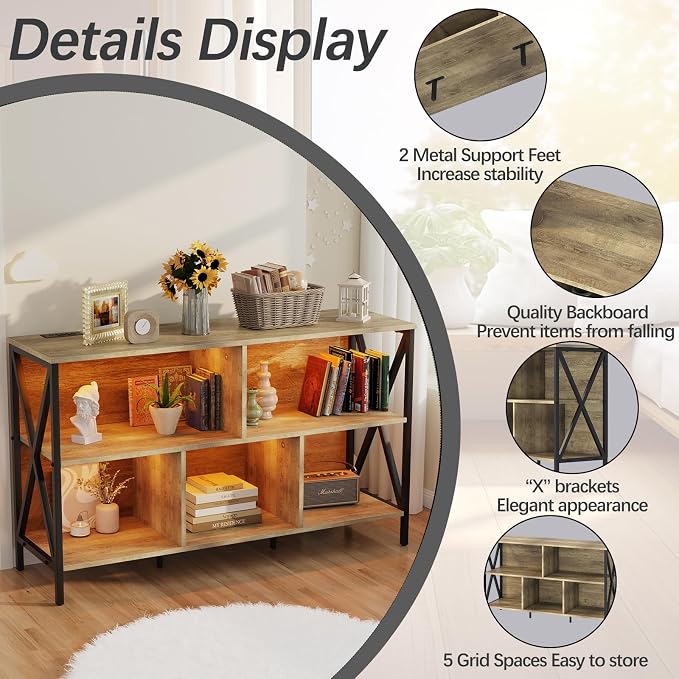 47" 5 Cube LED Bookshelf, Industrial Wood Metal Low Wide Bookcase, Oak | Multicolored LED lights, 320lbs heavy duty, 30-min assembly, open cubby storage, for living room game room