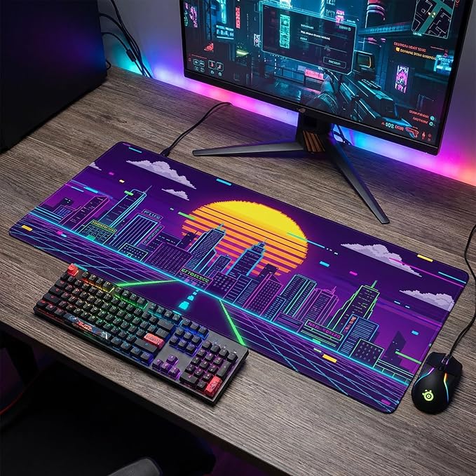 XXL Extended Gaming Mouse Pad, Cyberpunk Neon Synthwave Desk Mat Pixel | Retro Pixel Art Sunset Design with Stitched Edges & Non-Slip Rubber Base, Large Keyboard Mat for Gaming PC, Office Setup