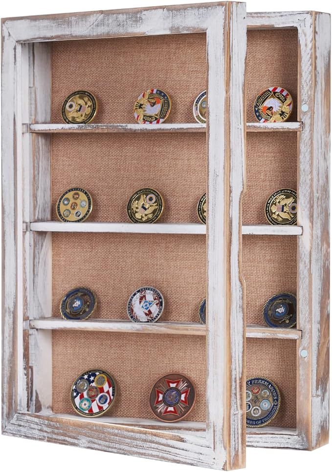 12x16 Shadow Box with 3 Removable Shelves, Vintage White | Large Collectible Display Case, Deep Shadow Box with Magnetic Door and Removable Shelves for Miniatures, Medals and Coins