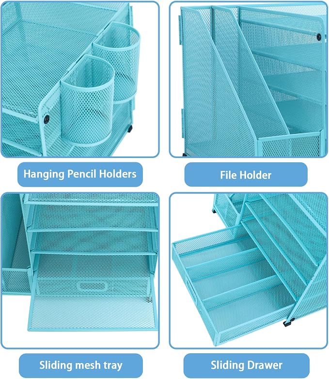 Desk Organiser with 2 Pack Magazine File Holder, 5-Tier Paper Tray Organiser with Drawer and 2 Pen Holder, Letter Tray Multifunctional for Office, School, Home - Blue