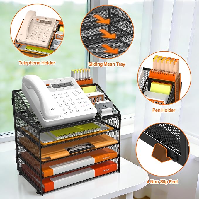 DocNest 5 Tier Metal Mesh Desk File Organizer with Phone Shelf, Black | Desktop letter tray sorter features a 9.1x9.1 inch top phone holder, built-in sticky note compartment and pen holder
