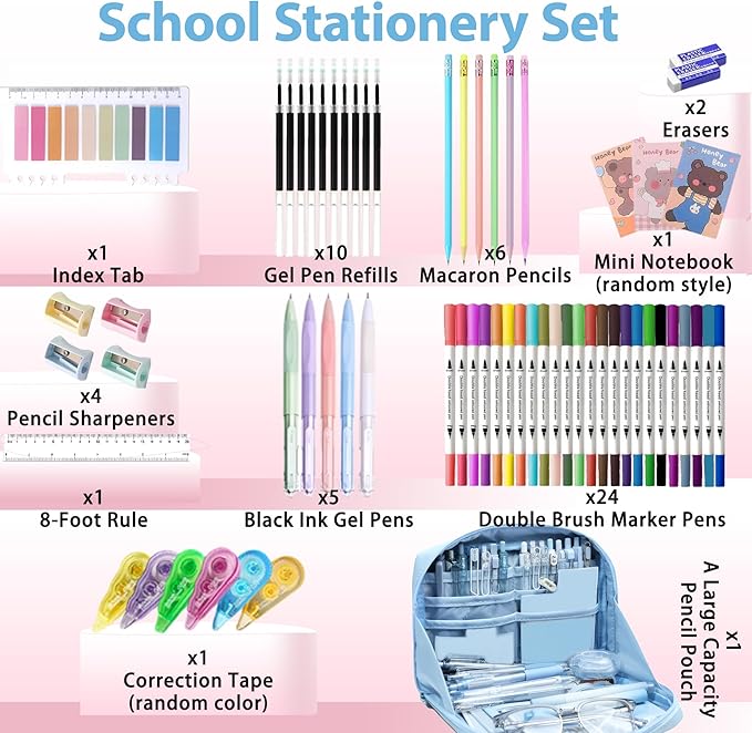 56 PCS Aesthetic School Supplies with Large Pencil Case, 24 Double Brush Marker Pens, 5 Black Ink Gel Pens, 6 Macaron Pencils, 4 Sharpeners, Sticky Notes, Ruler, Erasers, Stationery Gift