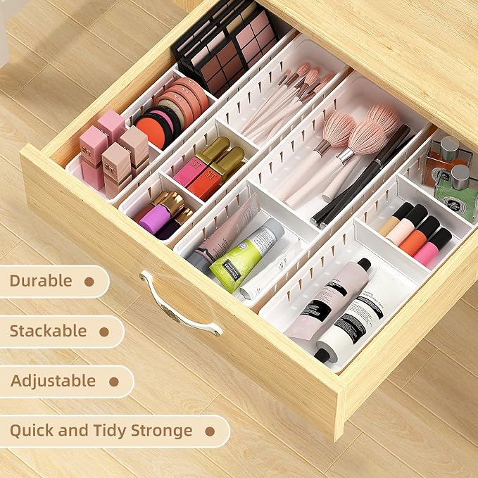 4 PCS Desk Drawer Organizer Tray, Office Drawer Organizer Bins | 8 pcs Dividers Adjustable, 16 pcs Non-Slip Silicone Pads, Makeup Vanity Organizer for Drawer, Plastic, White