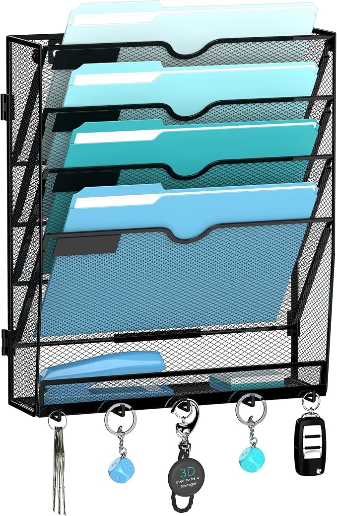 5-Tier Wall File Organizer and Mail Organizer with 5 Hooks, Black | Label slots, curved openings, 5 key hooks, and a bottom tray support organized mail, file, and everyday item storage.