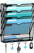 5-Tier Wall File Organizer and Mail Organizer with 5 Hooks, Black | Label slots, curved openings, 5 key hooks, and a bottom tray support organized mail, file, and everyday item storage.