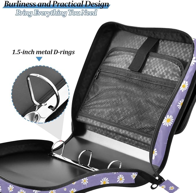 Aslsiy Zipper Binder for Girls Boys White Flowers 1.5 inch 3-Ring Binder Organizer Purple Field for School Office Supplies