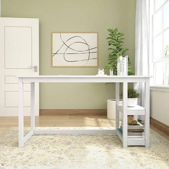 Plank+Beam Classic Desk, 55 Inch, with Shelves, White | Wooden Computer Desk with Shelves, Non-Toxic Finishes, Large Desk Space, Engineered Wood, Matching Style, Solid Wood