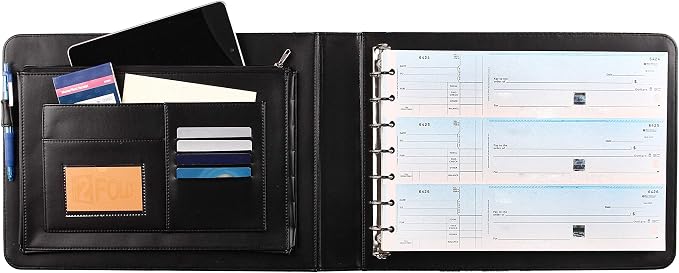 2Fold Business Check Binder 7 Ring for 3-Up Business Size Checks with Extra Business Card Case - PU Leather Deluxe 7 Ring Checkbook Binder Portfolio with 600 Check Capacity and Storage