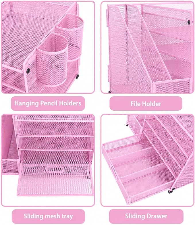 Desk Organizers and Accessories with File Holder, 5-Tier Paper Letter Tray Organiser with Drawer and 2 Pen Holder, Mesh Desktop Document Organizer for Office Supplies, Workspace - Pink