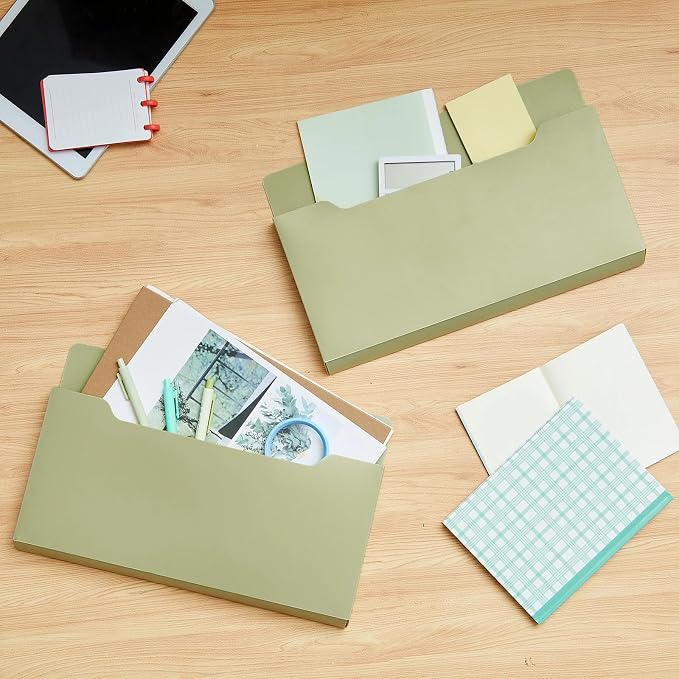 Feifeiya 2 Pcs Magnetic File Folder Wall Hanging Holder Large Pocket Paper Magazine Mail Organizer for Refrigerator Classroom Locker Whiteboard(Horizontal,Sage Green,13.8 x 8.3 Inches)