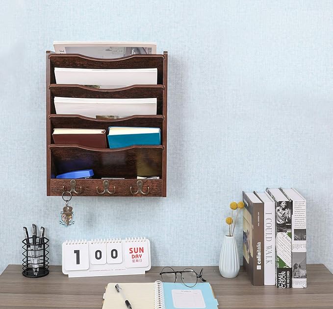 5-Tier Wall File Holder Hanging Mail Organizer Wood Magazine Literature Rack with 6 Hooks, Brown