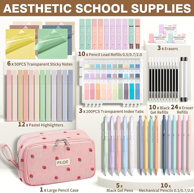 62PCS Aesthetic School Supplies Cute Back to School Supplies Stationary Set | College Preppy Essentials Kit with Large Pencil Pouch Case, Pastel Highlighters Gel Pens Mechanical Pencils for Student Girls