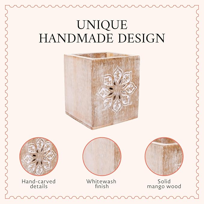 Serena Mango Wood Pen Holder - Whitewash, 4x3.5 in | Cute wooden pencil cup layout curated specifically to provide quick home desk organization and rustic office decor styling.