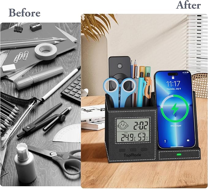 TopMade Wireless Charger with Pen Holder, Leather Desk Nightstand Organizer Home Office Supplies Pencil Holder Fast Charging Station, Digital Thermometer and Humidity Gauge Gifts for Men(Black)