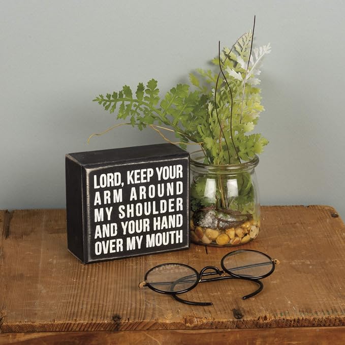 Primitives by Kathy 18999 Classic Black and White Box Sign, 3.5 x 4-Inches, Hand Over Mouth