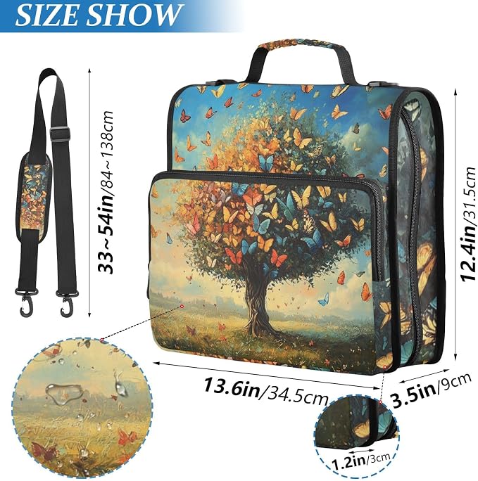 ALAZA Tree and Colorful Butterflies Zipper Binder 1.5 inch 3 Ring Binder Organizer with Shoulder Strap and Handle for Home Office Work