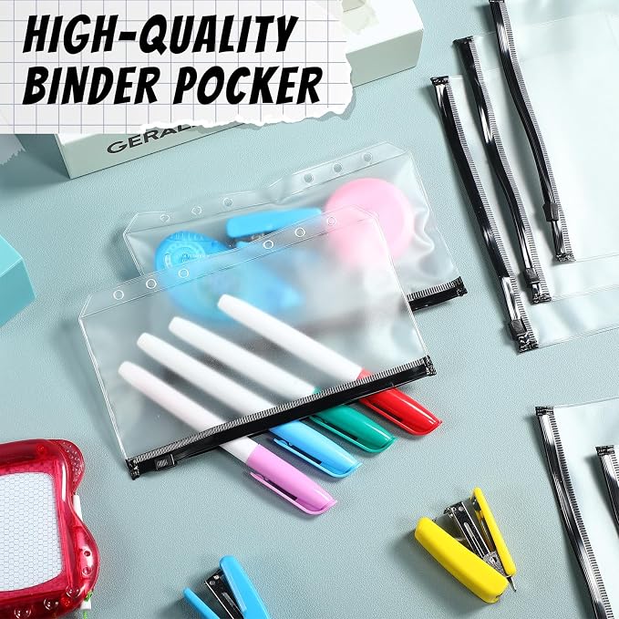 Zonon 30 Pcs A5 6 Rings Black Zipper Binder Pouches Clear Binder Pockets with Zipper Folders Waterproof PVC Loose Leaf Bags Filling Bags for Pen Pencil Notebooks File Document