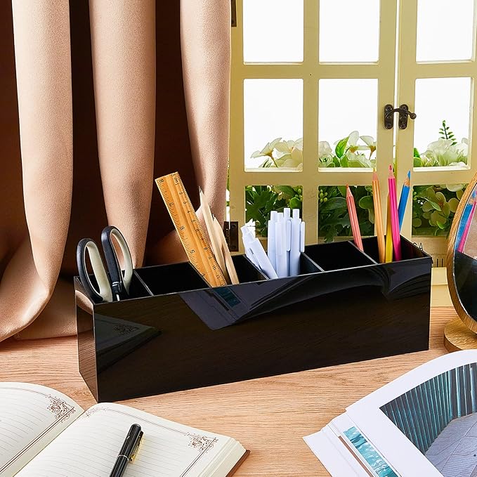 2 Pack Acrylic Makeup Brush Holder 6 Compartments Pencil Organizer Cup Pencil Holder for Desk Pen Organizer Storage Pen Holder for Accessories Cosmetic Brushes Office Bathroom Kitchen Supplies (Black)