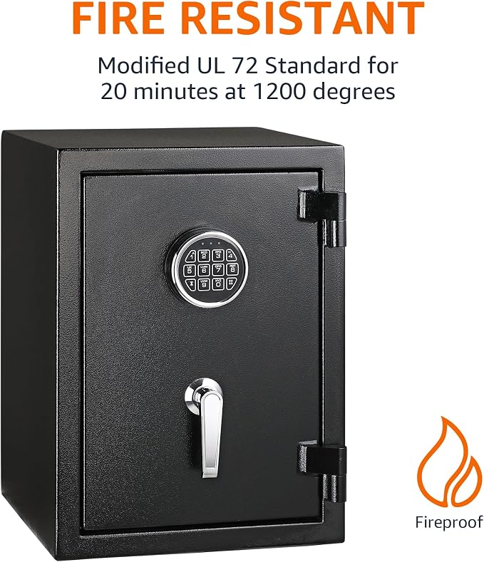 Amazon Basics Fire Safe with Programmable Electronic Keypad, 1.24 Cubic Feet, 14-Gauge Steel, UL 72 Compliant, 14.2"W x 13.8"D x 19.7"H, Black, for Documents and Valuables