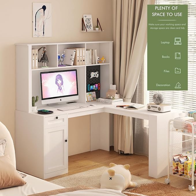 KEIKI L Shaped Home Office Desks with Outlet, Pegboard, Hutch, Drawers, Bookshelf & Storage Shelves, Modern Wooden Gaming Computer Corner Table for Work, Study, Writing