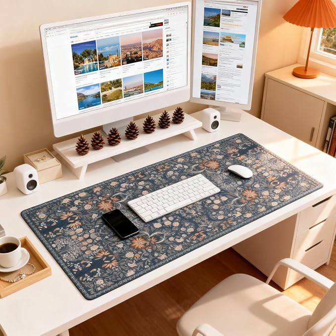 Floral Aesthetic Wildflower Gaming Mouse Pad, Blue Pink Rug Desk Mat with Anti-Slip Base & Stitched Edges, Office & Home Desk Decor for Women, 35.4" x 15.7" in Computer Desktop Mat
