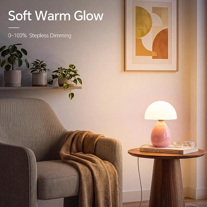 Mushroom Lamp Table Lamp for Bedroom-Small Desk Table Lamps,Pink | Ice Crackle 8.7" Mid Century Modern Table Lamps for Living Room Bedroom Decor,Ceramic Lamps for Home Room Decor,Glass Shade