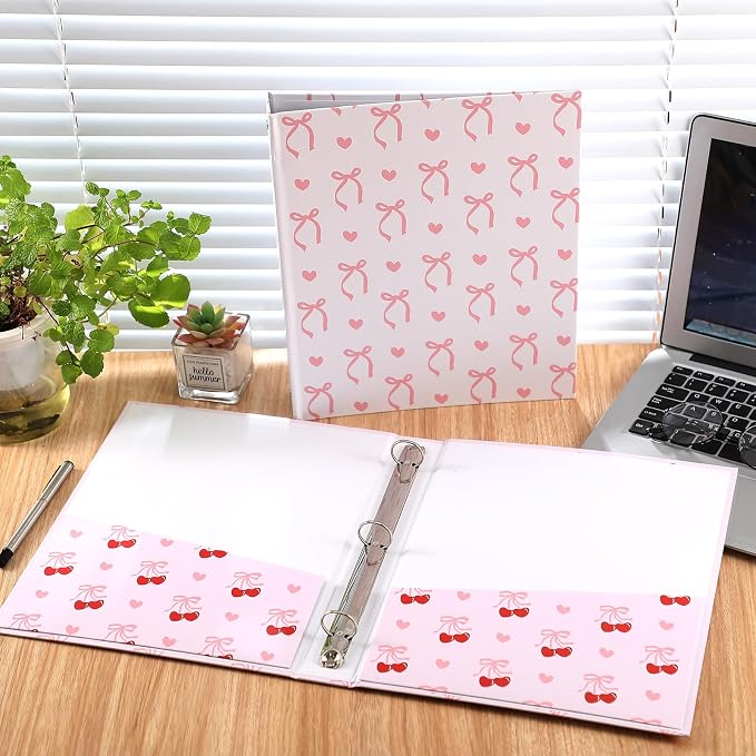 ReliThick 2 Pcs Cherry Coquette Pink 3 Ring Binder Bow Clipboard Cute Binders 1 Inch Round Ring with Interior Pockets for Coquette School Supplies Office A4 Paper