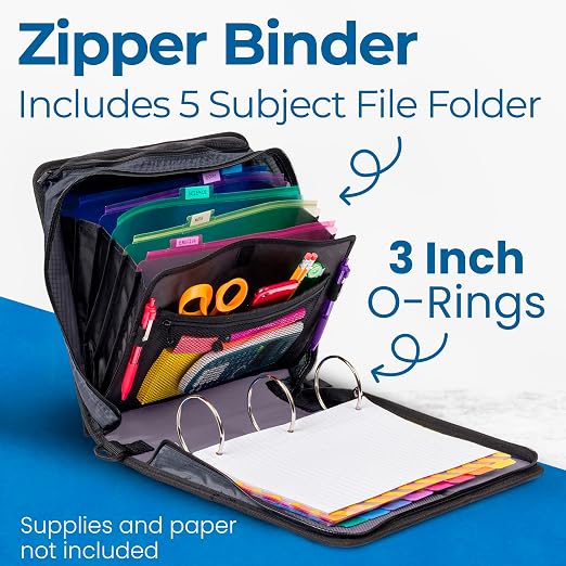 Case-it School Zipper Binder | 3-Inch O-Rings | 600-Sheet | D-146 Mountains | Mighty Zip Tab, 5-Subject Expanding File Folder, Multiple Pockets, Storage Organizer, Shoulder Strap, Office