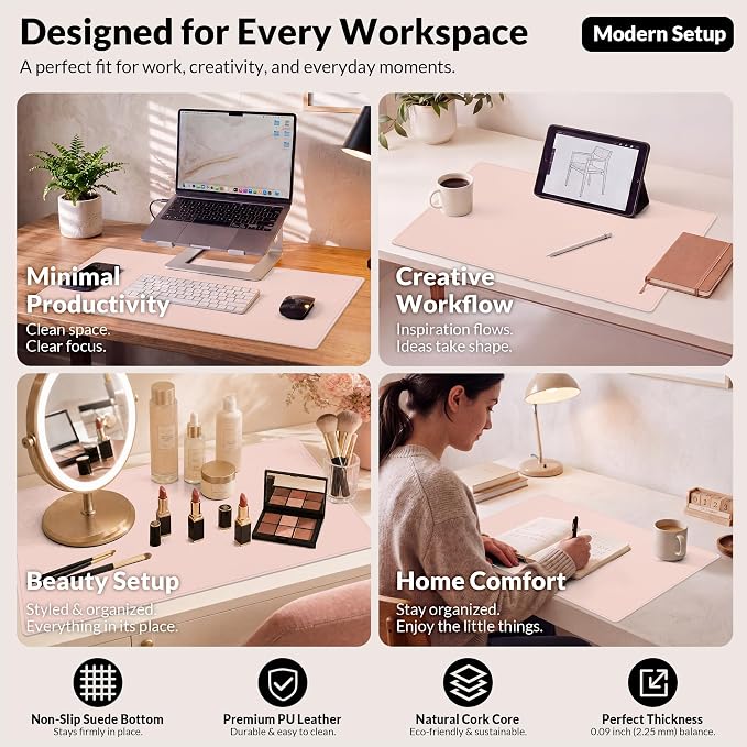 AFIING Cork Desk Mat, 31.5" x 17", Pink,Desk pad Protector | Dual-Sided Cork & PU Leather, Waterproof, Non-Slip, For Office & Gaming