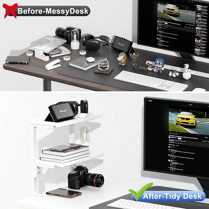 2-Tier Desk Shelf | Desk Organization Expandable Clamp on Desk Shelf Desktop Accessories for Offices and Game Rooms (White)
