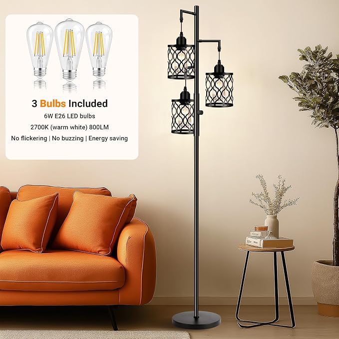 ROTTOGOON Dimmable Farmhouse Floor Lamp, Industrial Floor Lamp for Living Room with 3 X 6W LED Bulbs, 3 Light Rustic Standing Tall Lamp for Bedroom, Office, 68"