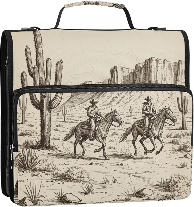 3 Ring Zipper Binder with Shoulder Strap Western Cowboy Cactus 2 Inch Zippered Binder Bag 500 Sheet Capacity Multi Pockets for School Supplies