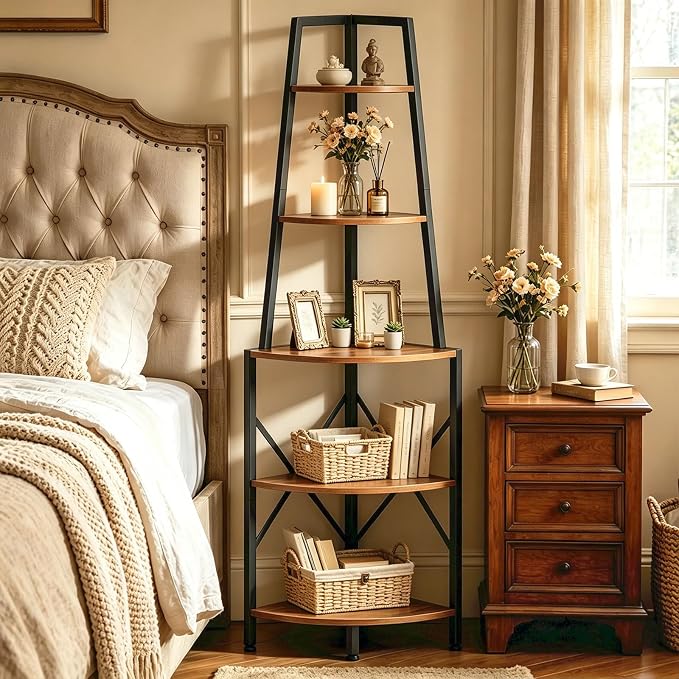 HOOBRO 5-Tier Corner Shelf with Lights, 67.9” Tall Corner Shelf Stand, Industrial Corner Bookshelf, Corner Plant Stand Display Shelf, for Living Room, Kitchen, Home Office, Rustic Brown BF120DCJ01