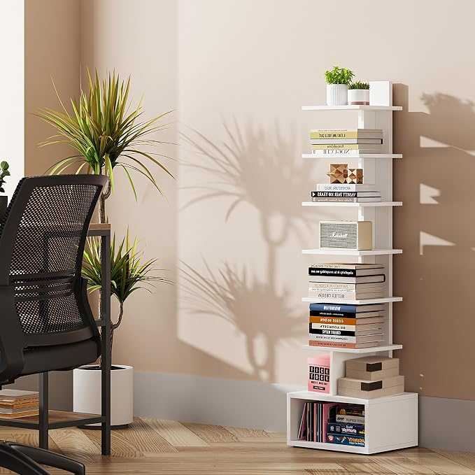 TUTOTAK Book Shelf, Narrow Spine Bookshelf, 8-Tier Bookcase for Small Space | 10.4 x 11.8 x 47.5 Inches Vertical Freestanding Corner Shelf for Living Room, Office, Study, Entryway, White BS07BW008