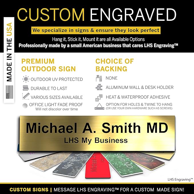 Engraved Name Plates for Doors, Walls, and Plaques Personalized Brushed Brass Plastic Plaque with Black Letters - Made in USA 2x6 M6
