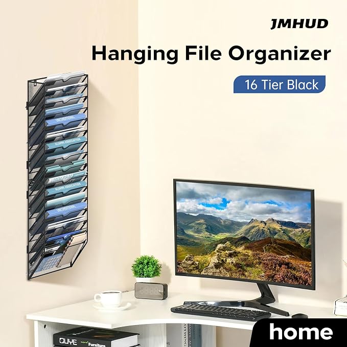 16-Tier Wall File Organizer and Hanging File Organizer, Black | Wall Organizer and Wall Mounted File Holder with 16 Pockets and Label Panels for Files, Mail, Folders, Magazines and Paper