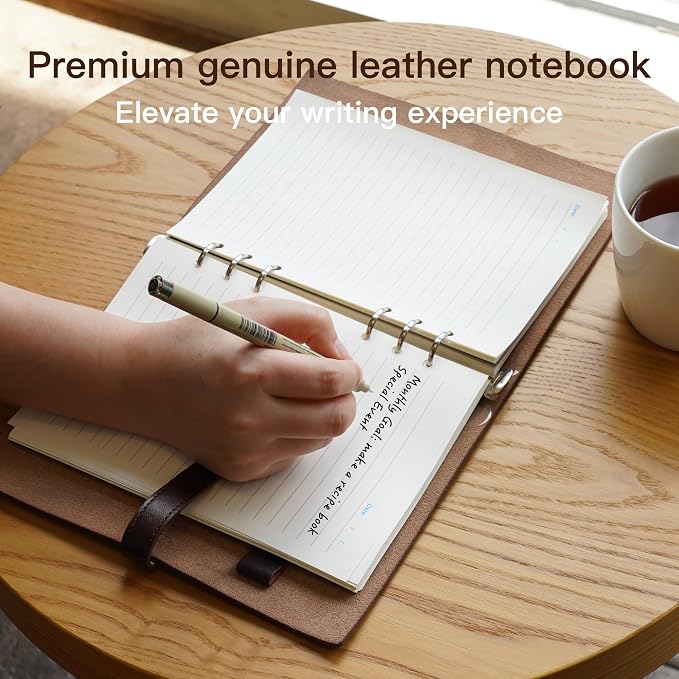 Refillable A5 Leather Binder Notebook, Reusable Leather Journal, Vintage Organizer with 6-Ring Metal Binder, 120 Pages Lined Paper & Pocket, for Writers Business Work Study College and Daily