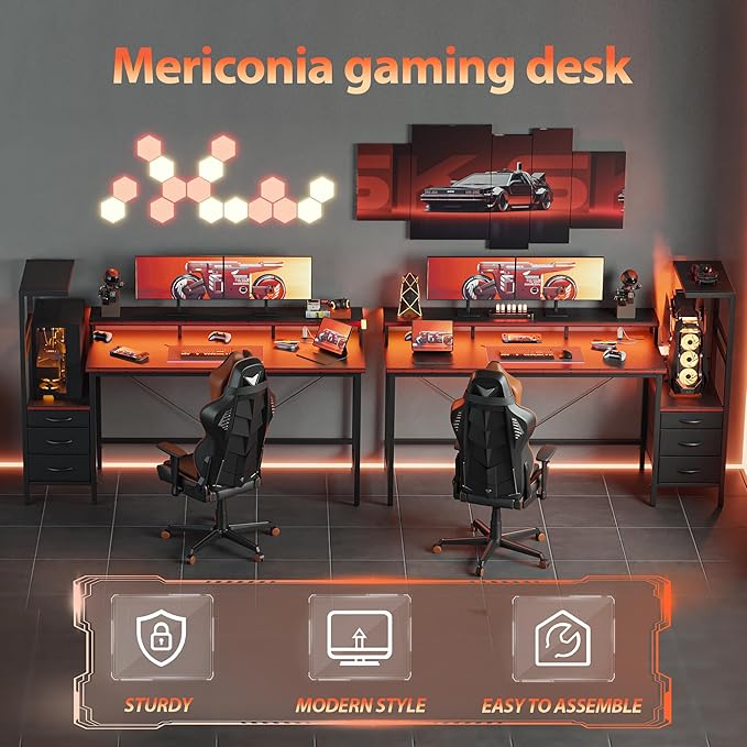 60 inch Gaming Desk with Drawers, Reversible Computer Desk, Black | Gamer Desk with LED Lights, Power Outlets & Monitor Stand, Large Office Table for Home Bedroom Study Work Writing
