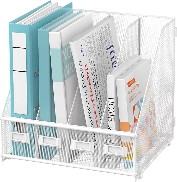 4-Compartment Magazine File Holder and File Organizer for Desk, White | Metal Magazine Holder and Magazine File Holder, 4-Compartment File Organizer for Binders Folders Magazines and Paper