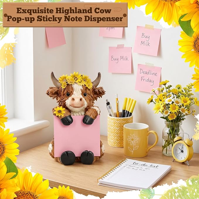 Thenshop Fall Sunflower Highland Cow Pop up Sticky Note Dispenser | Fall Resin Highland Cow with 100 Sheets, Sticky Note Holder, Highland Cow Desk Accessories, Classroom School Gift, 3 x 3 Inch
