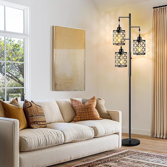 Dimmable Floor Lamp, Farmhouse Standing Lamp with Elegant Metal Cage, Industrial Tall Tree Floor Lamps for Living Room Bedroom Study Room Office, 3 x 800LM LED Bulbs Included - 68", Black
