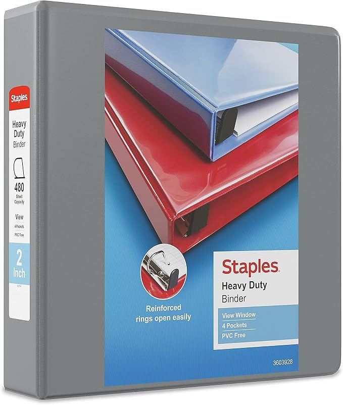 Staples Heavy Duty 2-Inch 3-Ring View Binder, Gray, D-Rings, Four Interior Pockets, Clear Overlay, Long-Lasting High-Capacity Organization, 3-Pack