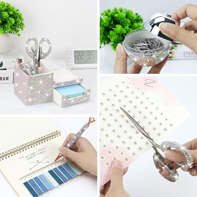 MultiBey Bling Silver Rhinestone Desk Accessories Set, 4 Pcs | Crystal Office Stationery Kit with Drawer Organizer, Paper Clip Holder, Scissors & Diamond Pen Desktop Decor & Gift for Women