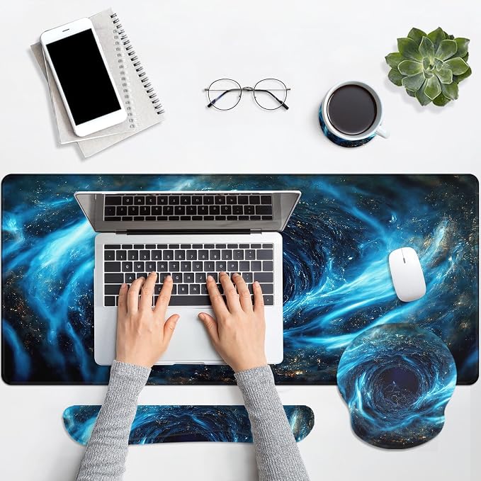 Keyboard Mouse Pad Set, 4 in 1 Desk Mat Set, Blue Black Galaxy | Large Mousepad+Keyboard Wrist Rest+Mouse Wrist Rest+Coaster Ergonomic Design for Home Office Computer