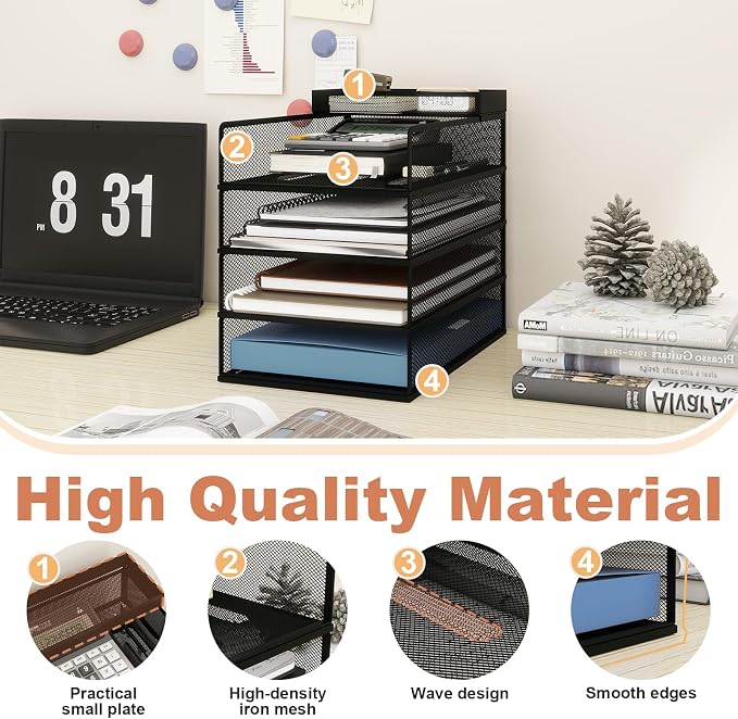 Natwind 4-Tier Stackable Metal Mesh Letter Paper Tray Organizer,Black | Desk Organizer For Paper,Document,Mail Tray For Office Supplies,File Holder For Home Office School Classroom Organization